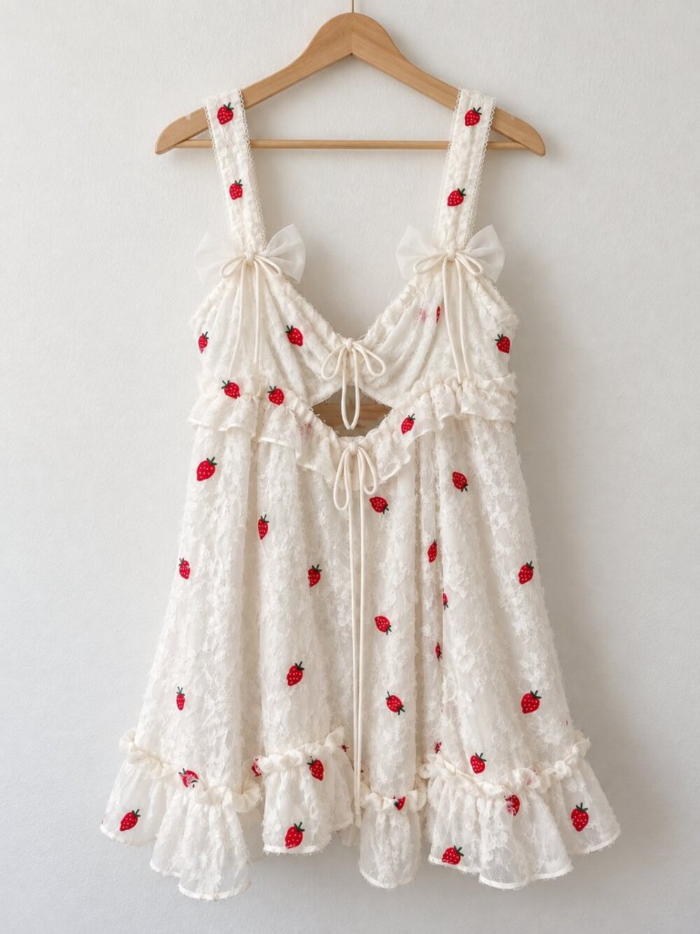 White Strawberry Lace Cottagecore Dress • Romantic Coquette Mini Dress